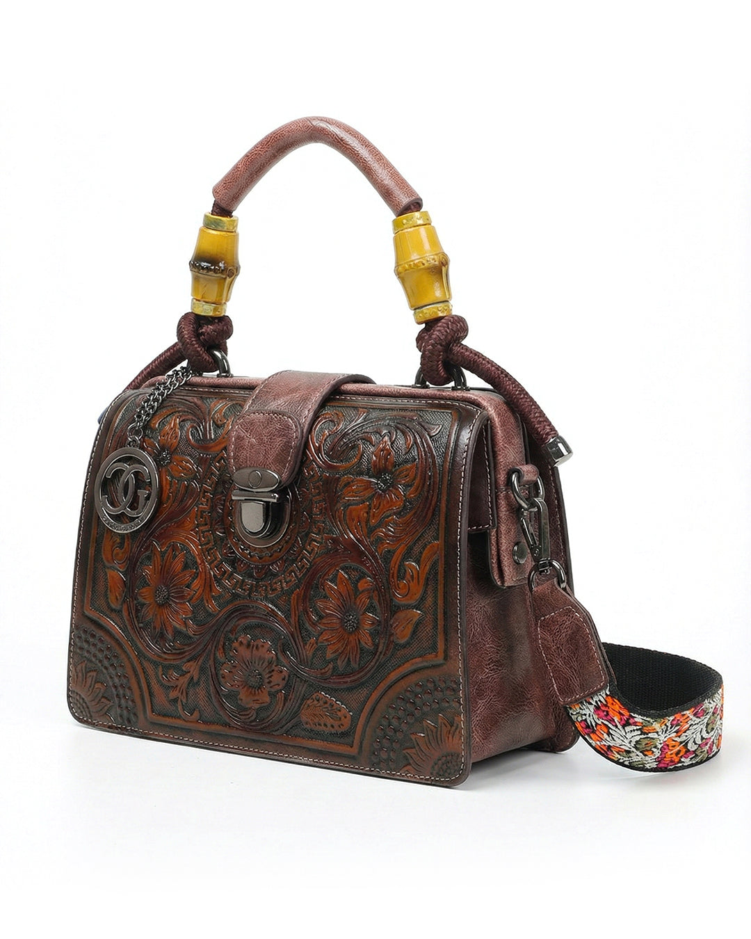 Embossed Floral Artisanal Bamboo Handle Luxury Satchel Bag
