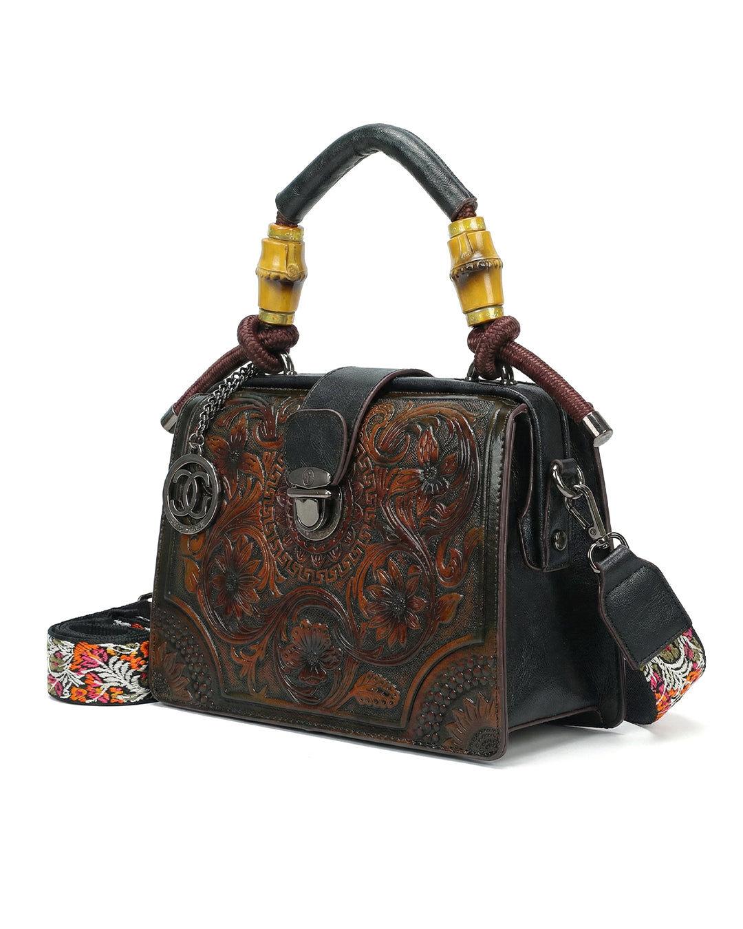 Embossed Floral Artisanal Bamboo Handle Luxury Satchel Bag