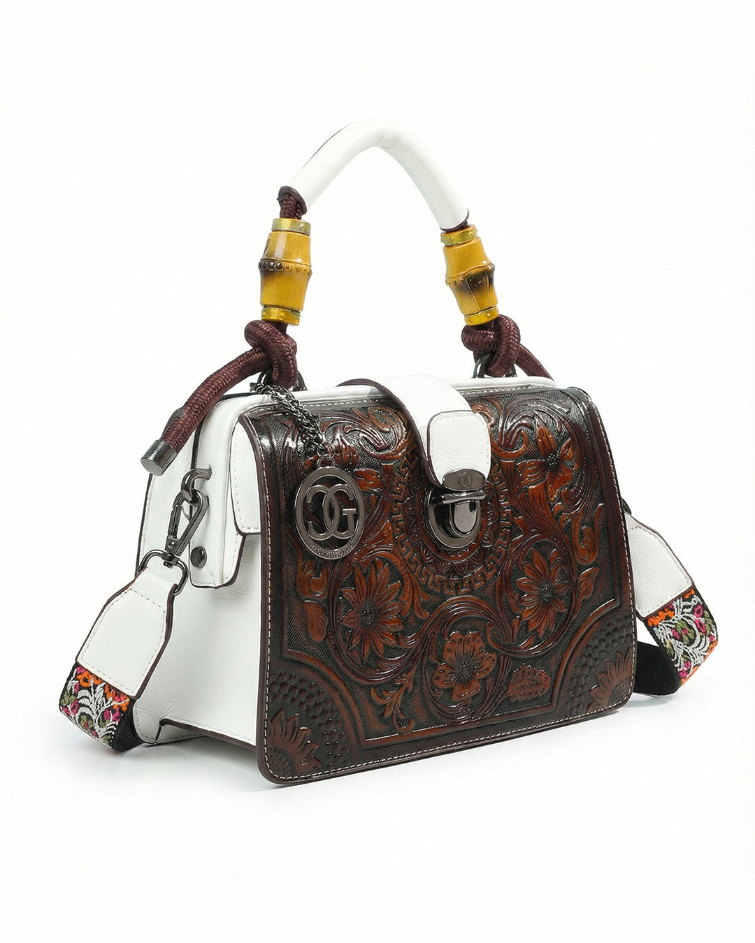 Embossed Floral Artisanal Bamboo Handle Luxury Satchel Bag