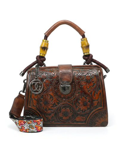 Embossed Floral Artisanal Bamboo Handle Luxury Satchel Bag
