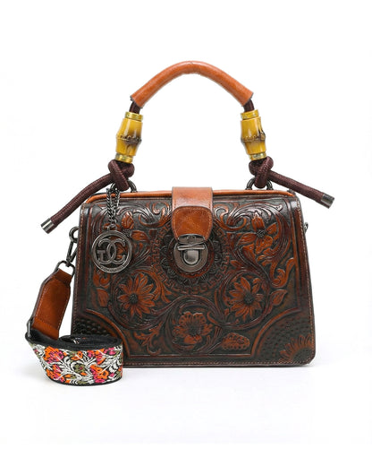 Embossed Floral Artisanal Bamboo Handle Luxury Satchel Bag