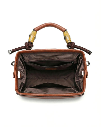 Embossed Floral Artisanal Bamboo Handle Luxury Satchel Bag