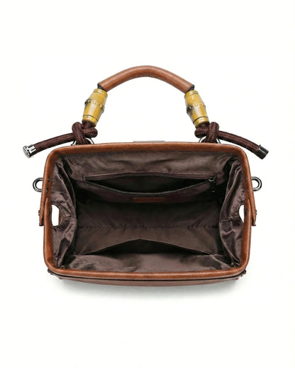 Embossed Floral Artisanal Bamboo Handle Luxury Satchel Bag