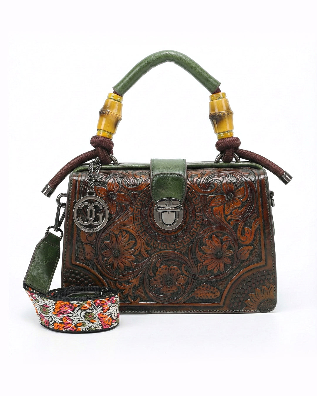 Embossed Floral Artisanal Bamboo Handle Luxury Satchel Bag