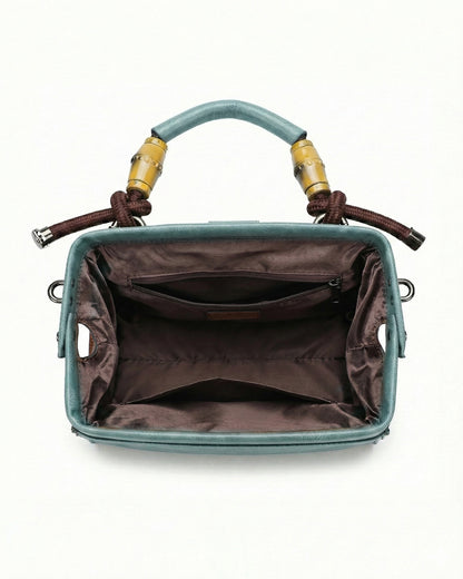 Embossed Floral Artisanal Bamboo Handle Luxury Satchel Bag
