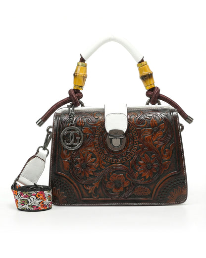 Embossed Floral Artisanal Bamboo Handle Luxury Satchel Bag