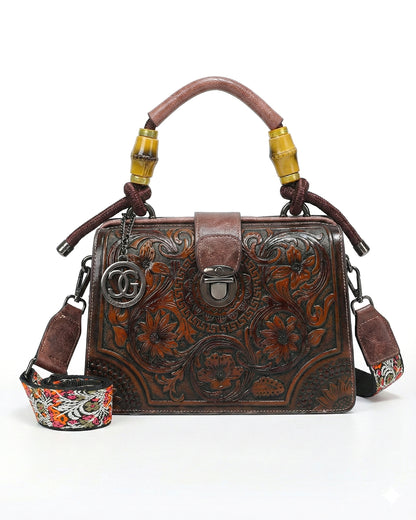 Embossed Floral Artisanal Bamboo Handle Luxury Satchel Bag