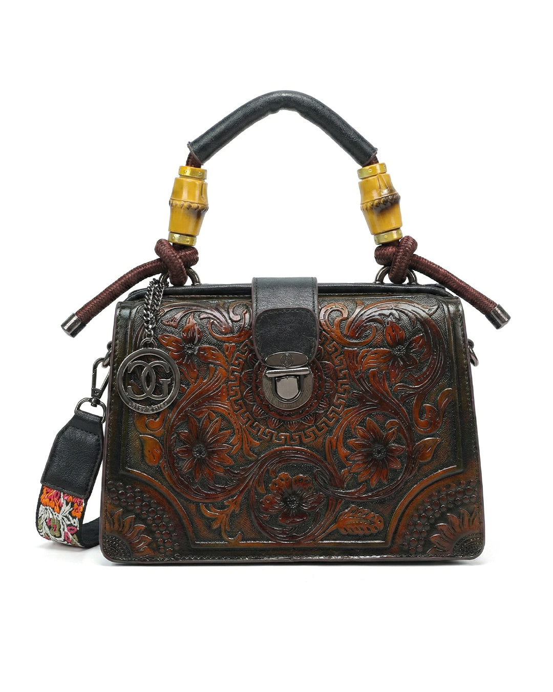Embossed Floral Artisanal Bamboo Handle Luxury Satchel Bag