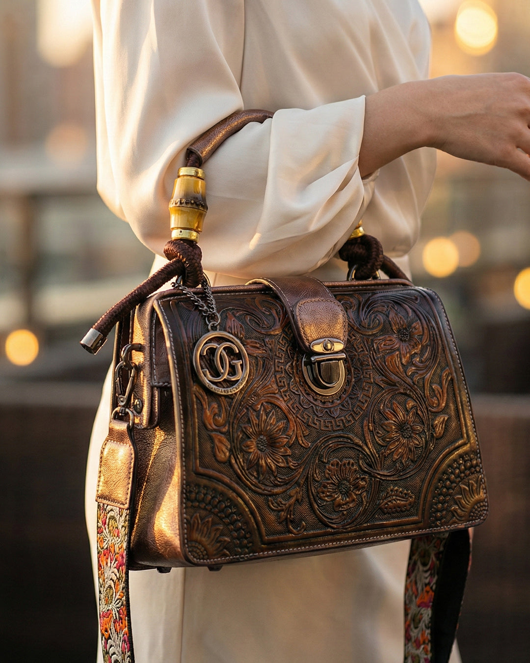 Embossed Floral Artisanal Bamboo Handle Luxury Satchel Bag