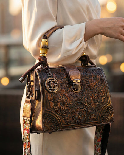Embossed Floral Artisanal Bamboo Handle Luxury Satchel Bag