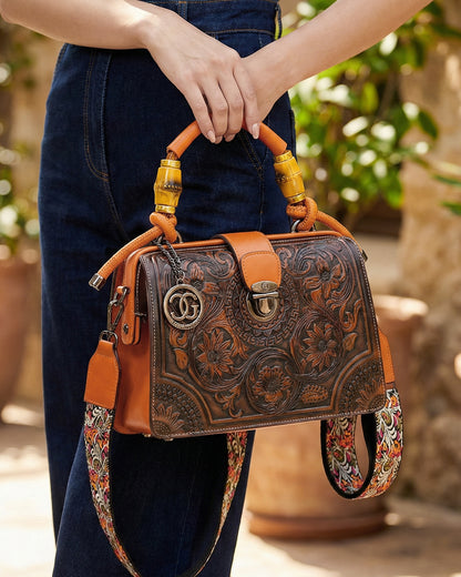 Embossed Floral Artisanal Bamboo Handle Luxury Satchel Bag