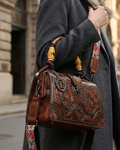 Embossed Floral Artisanal Bamboo Handle Luxury Satchel Bag