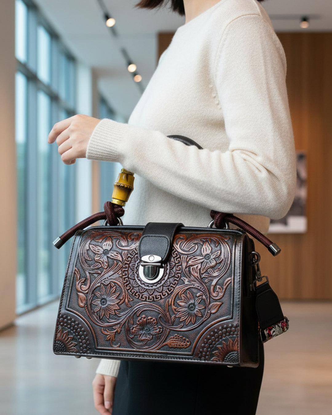 Embossed Floral Artisanal Bamboo Handle Luxury Satchel Bag