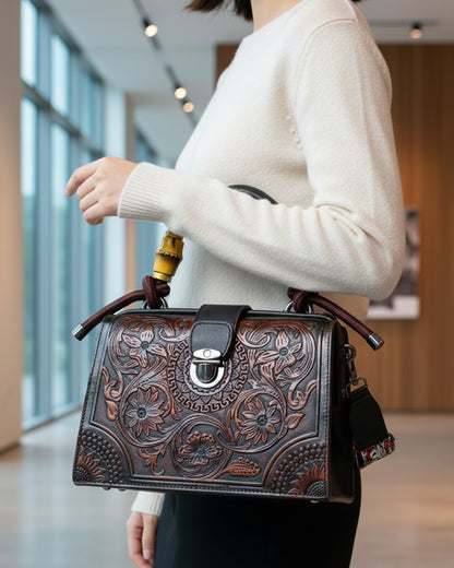 Embossed Floral Artisanal Bamboo Handle Luxury Satchel Bag