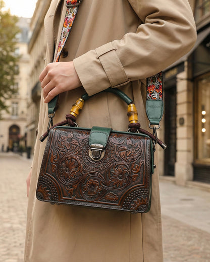 Embossed Floral Artisanal Bamboo Handle Luxury Satchel Bag