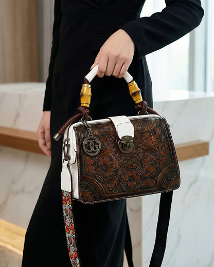 Embossed Floral Artisanal Bamboo Handle Luxury Satchel Bag