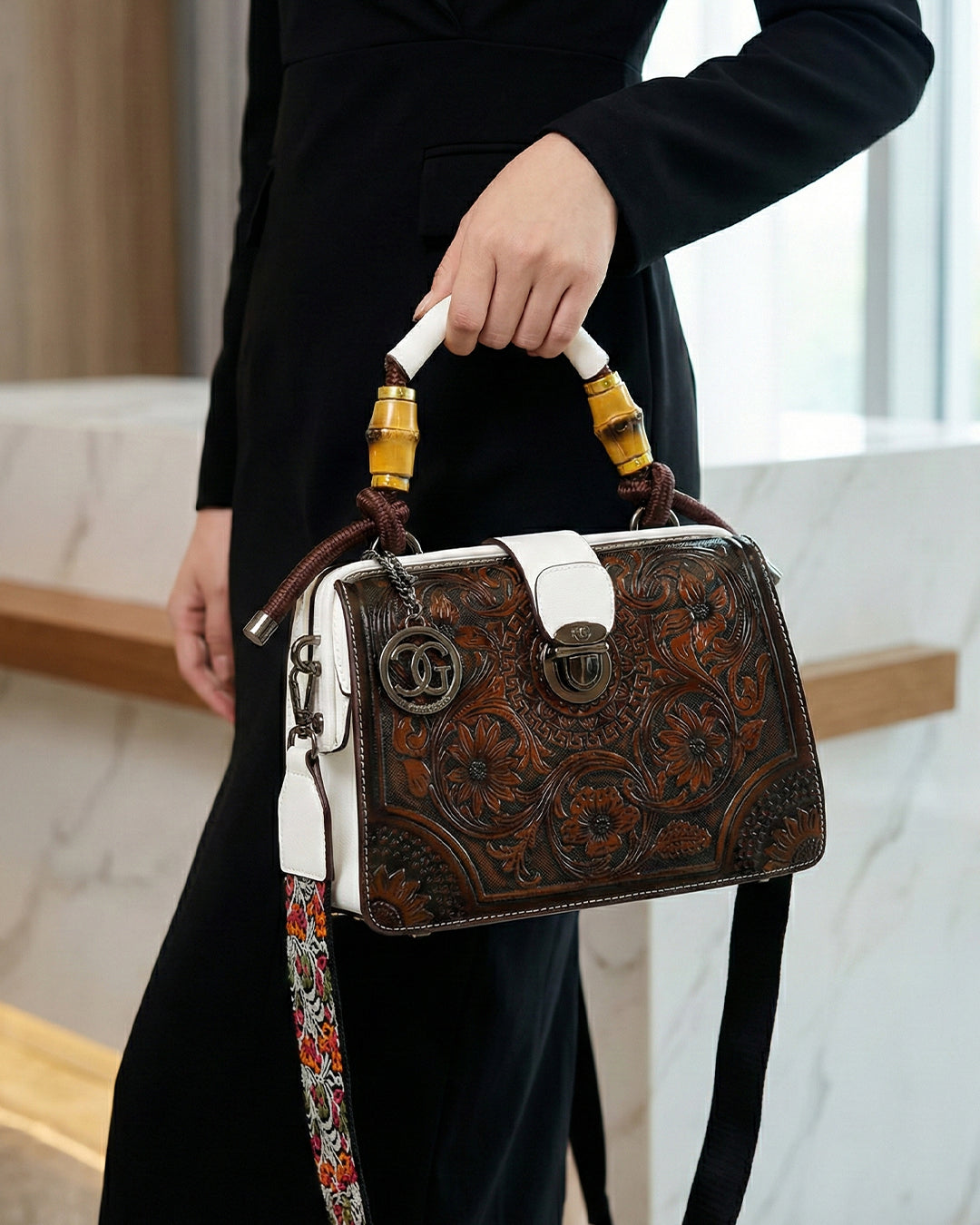 Embossed Floral Artisanal Bamboo Handle Luxury Satchel Bag