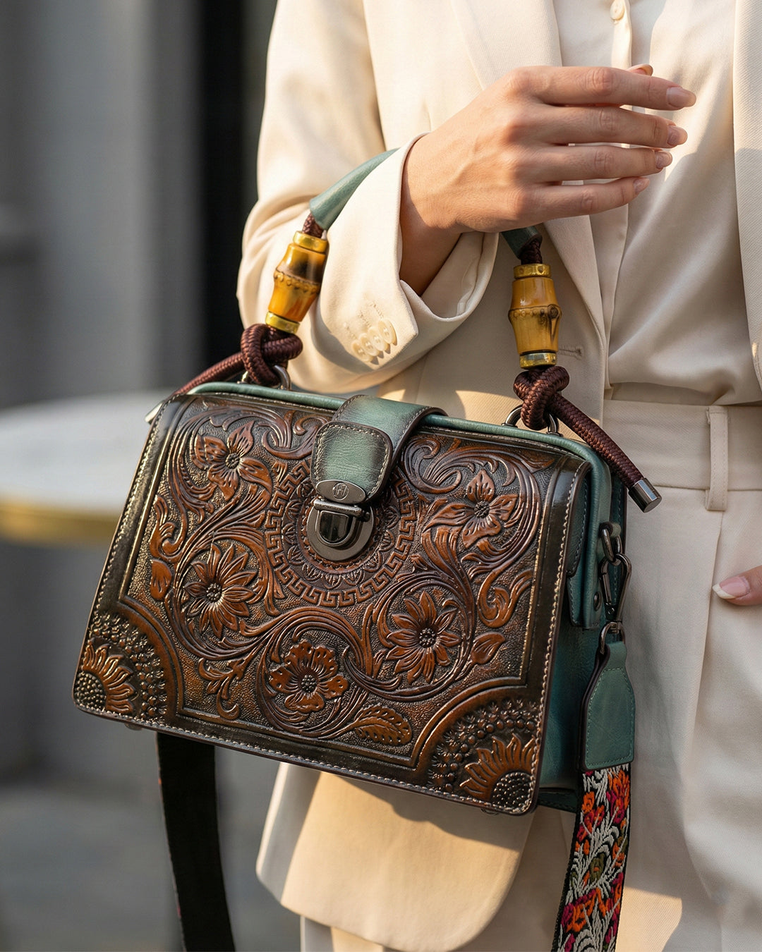 Embossed Floral Artisanal Bamboo Handle Luxury Satchel Bag